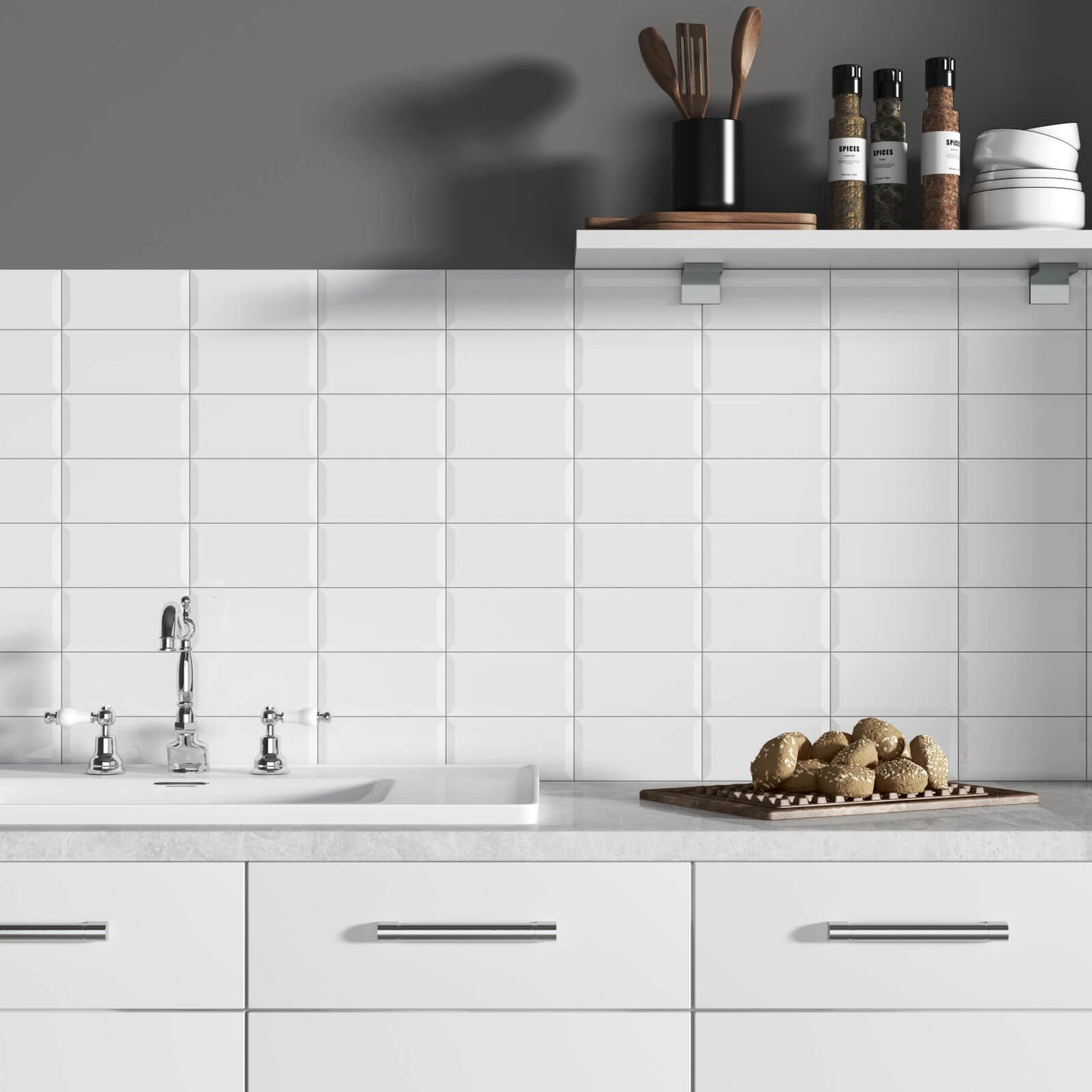 Soho Canvas White Gloss Pressed Bevelled Metro Tile (Box)