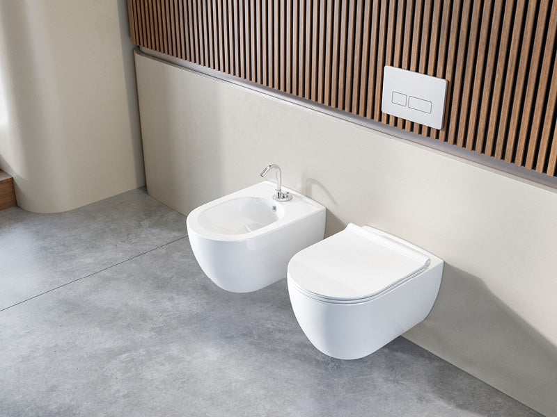 City Rimless Wall Hung Toilet With Soft Close Seat Integrated Bidet Faucet Hot & Cold Water 019100-D